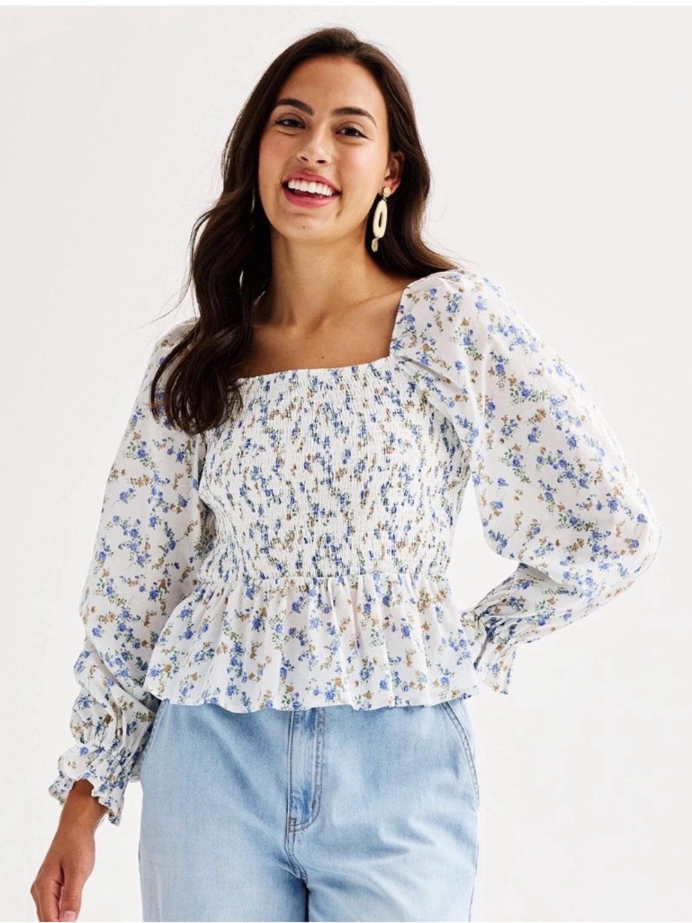 Smocked Square-Neck Floral Peplum Blouse in White